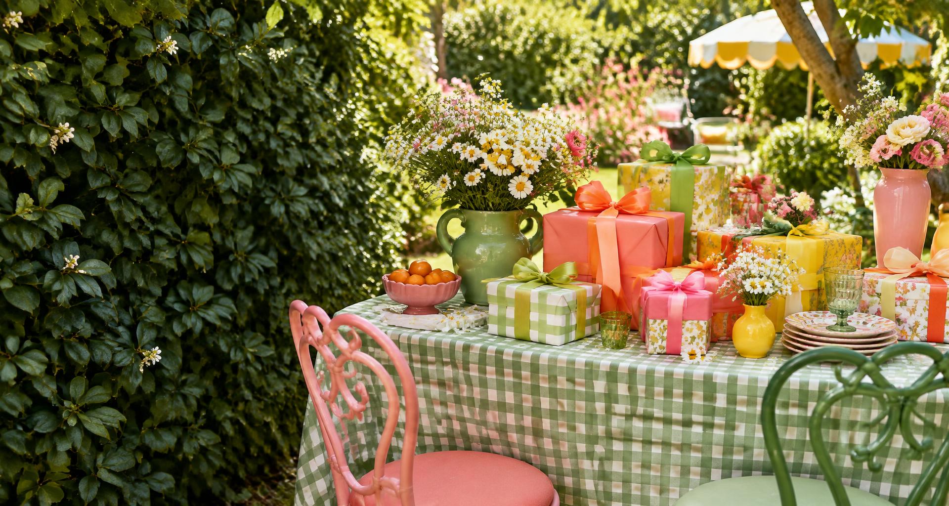 Regalos de colores y flores sobre una mesa en un jardín
